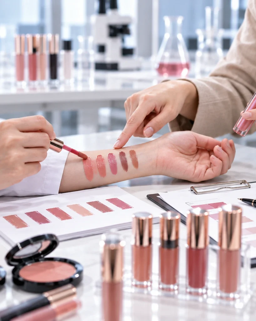 Reviewing cosmetic shade swatches with product samples and color references