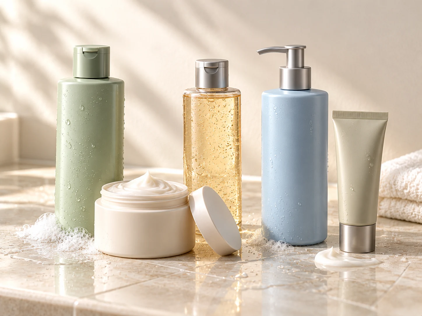 Body and hair care collection with pump packaging, cream textures and cleansing foam