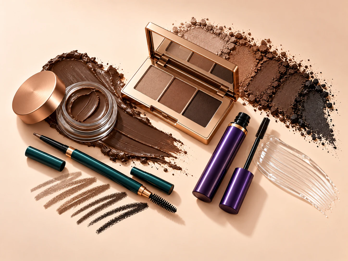 Brow makeup with taupe-to-deep-brown swatches and alternative packaging colors