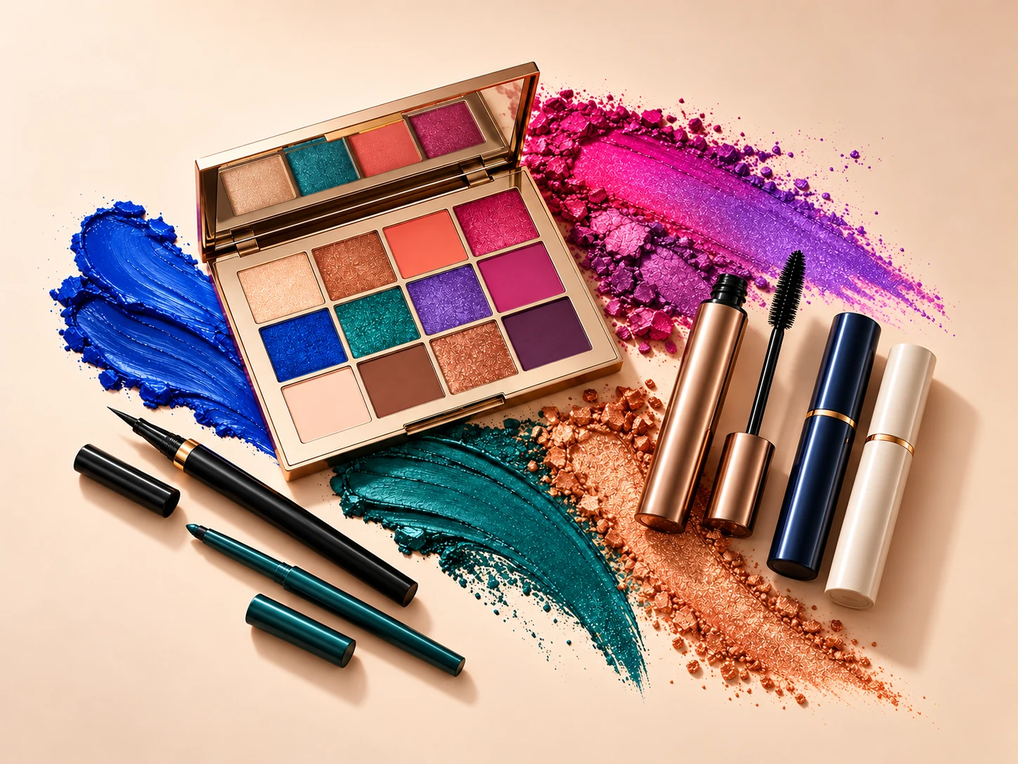 Colorful eye makeup with matte and shimmer pigment swatches and packaging options