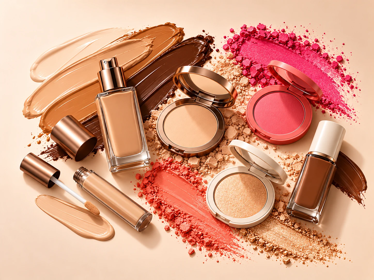 Face makeup with foundation shade swatches, blush and highlighter textures
