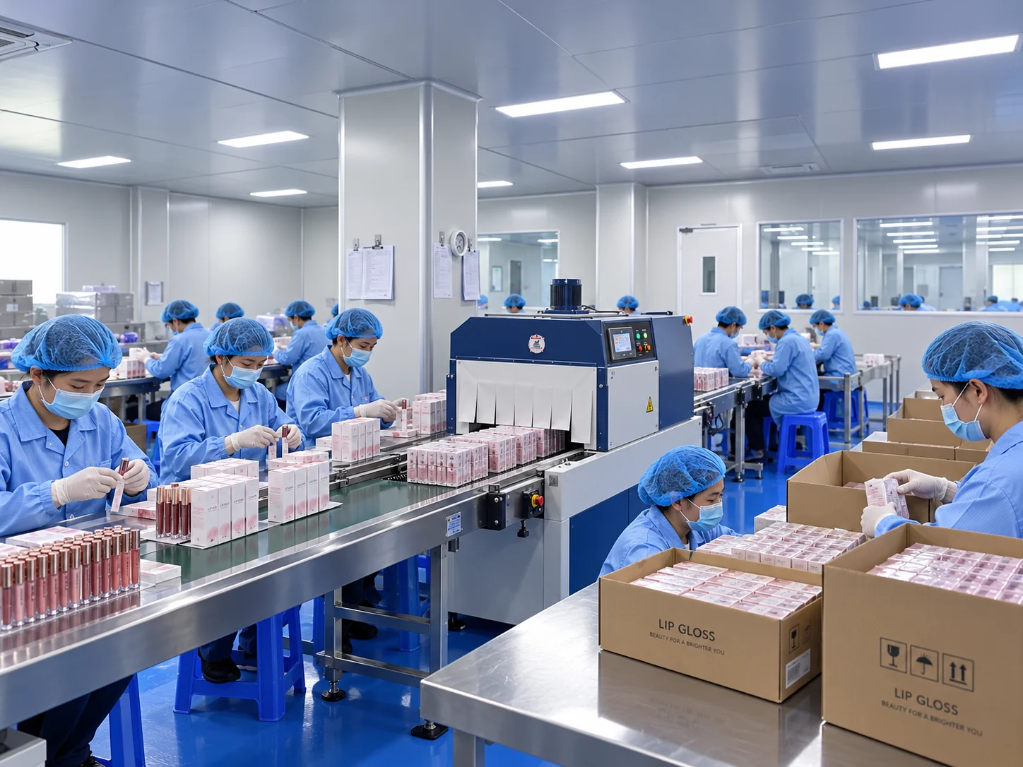 Lip gloss packaging line and carton preparation