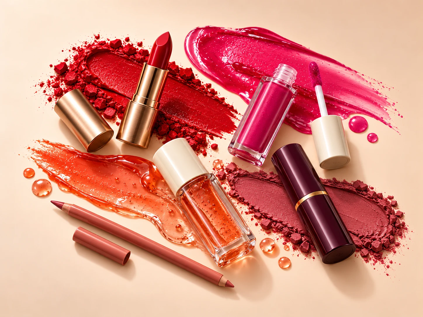 Lip makeup with vivid color swatches, satin lipstick and glossy textures