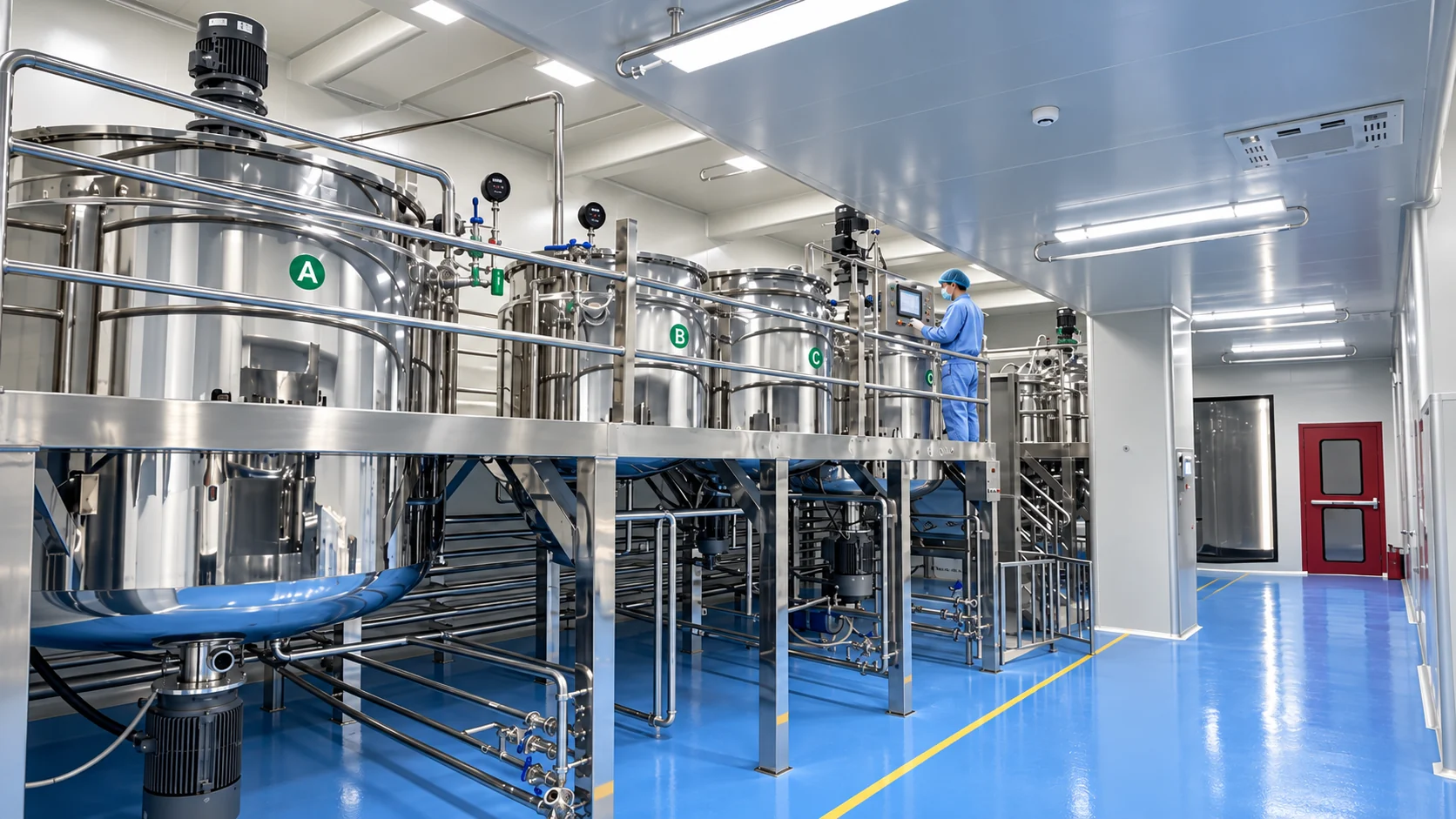 Stainless-steel mixing equipment in a cosmetics manufacturing environment