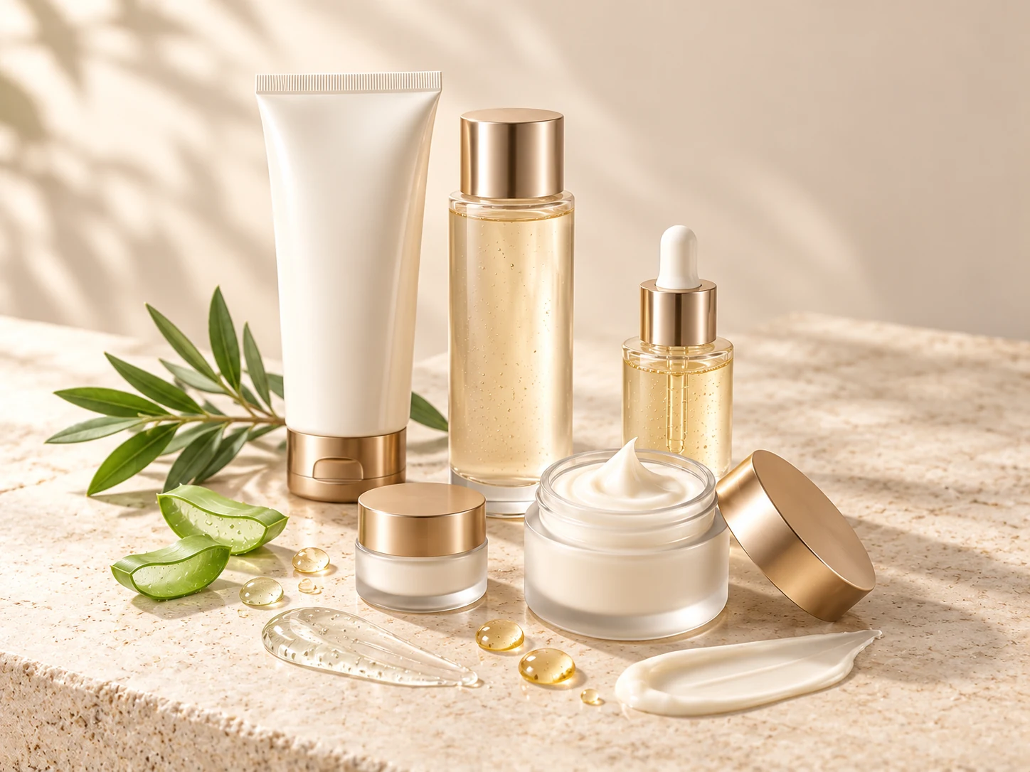 Skincare collection with botanical accents, serum droplets and cream textures